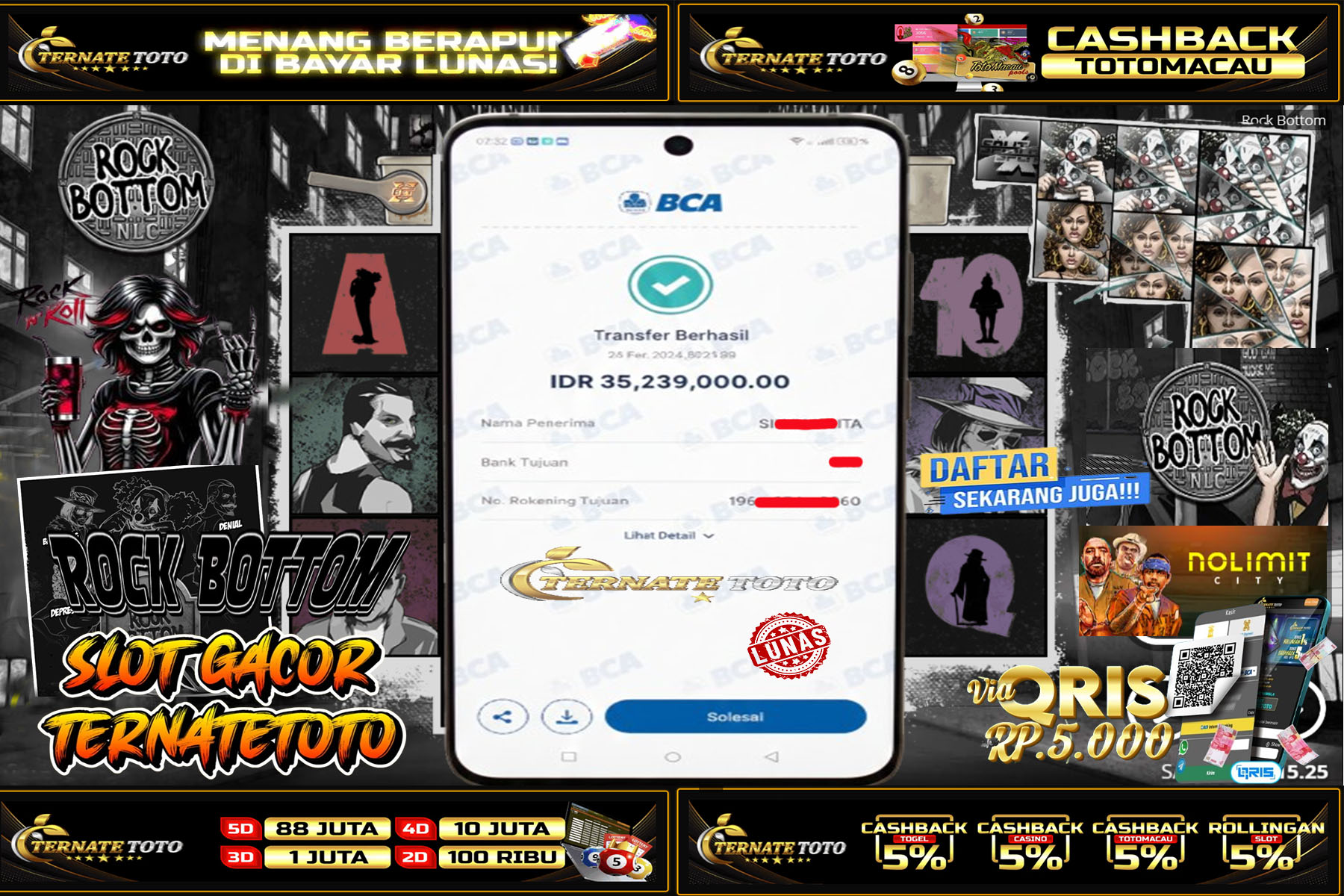 TERNATETOTO - ROCK BOTTOM DI NOLIMIT CITY Rp.35,239,000,-